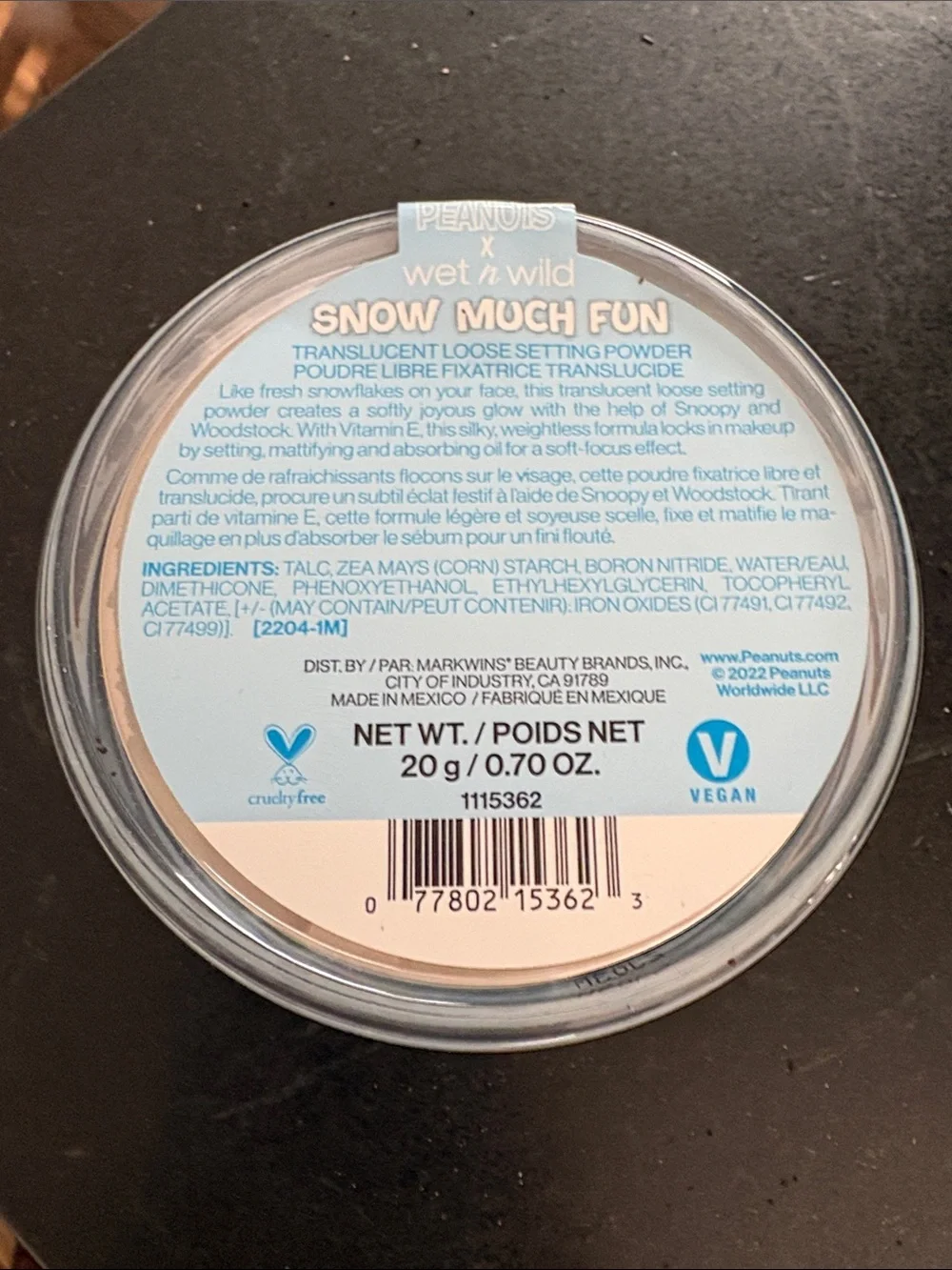 Brand New, wet n wild Peanuts Snow Much Fun Light Blue Setting Powder Tin